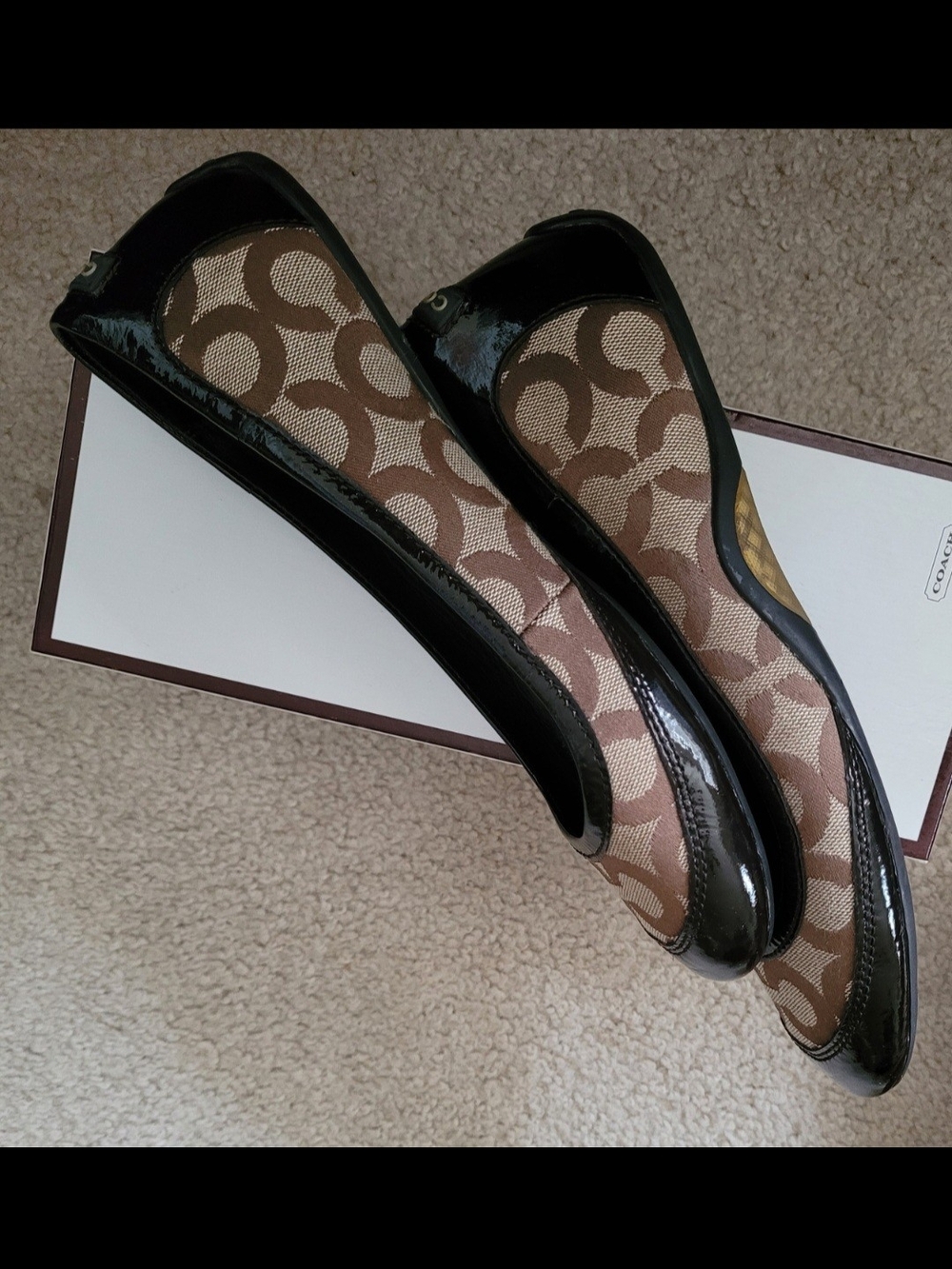 Coach Women's Brown Signature Canvas Ballet Flats with Black Patent Trim